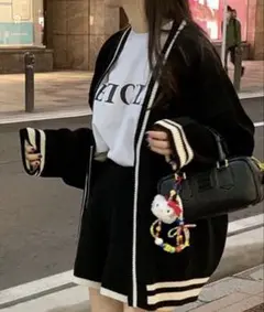 配色ライン入りカーデ×ショートパンツ2点セット