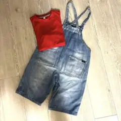 マリオ　コーデ　130 デニムオーバーオールと赤Tシャツセット