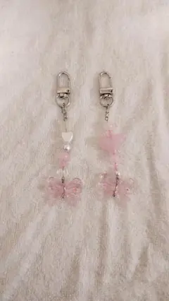 ピンク蝶とハートの携帯ストラップ