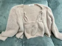 シャギーカーディガン　キャミソールセット　ピンク