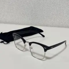 サーモント スクエア ハーフリム 伊達メガネ 黒×シルバー メンズ ケース付