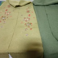 花柄刺繍 半襟 オリーブグリーン 薄いゴールド