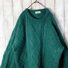 古着 日本製 ケーブル デザインニット セーター グリーン ゆるダボ