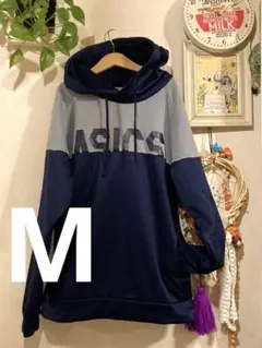 asics パーカーMサイズ　ネイビー＆グレー　裏地薄いフリース