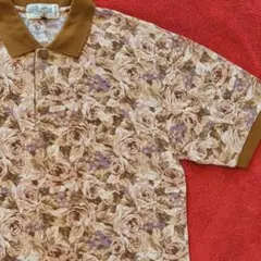 レア80s レトロ薔薇柄 総柄 鹿の子ポロシャツ 国産オールドヴィンテージ
