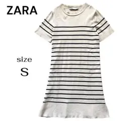ザラ ZARA ボーダーニットワンピース クルーネック 膝丈 S ホワイト 黒