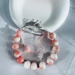 No.76ビーズブレスレット 羽モチーフ 桜ピンク