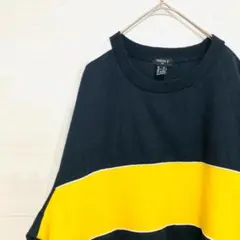 FOREVER21　古着　スウェット　ネイビー　イエロー　白　ライン　XL