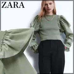 ZARA フリル　シアー　ボリュームニット　グリーン　春服　パステル　トップス
