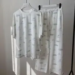 ブルー　ラッコ柄　ルームウィア　パジャマ　ジェラピケ　上下セット