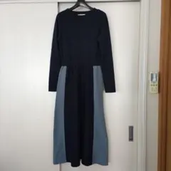 Andemiu サイドハイショクニットワンピース バイカラー 長袖 ネイビー