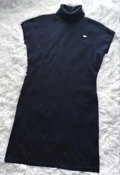 LACOSTE タートルネック ダイヤモンドパターン ワンピース 紺 34