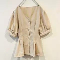 【イング】半袖　ブラウス　フロントボタン　Ⅴネック　トップス　バックリボン　M