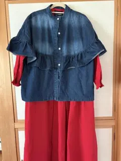 デニム フリル五分袖シャツ　新品未使用