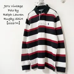 90s★Polo★ポロラルフローレン★ラガーシャツ★ボーダー★赤紺白★Mのサムネイル