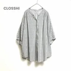 【CLOSSHI】ストライプ柄 五分袖スキッパーブラウス ゆったり 大きめLL