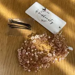 【未使用品】結婚式 髪飾り 花嫁 パール ロングヘッドドレス シャンパンピンク