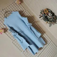 ❥スナイデル❥ショルダースリットミニニットワンピリボン付きパステルブルーリブ編み