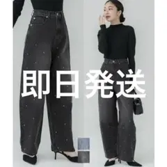 【caca】ラインストーンカーブデニム ブラック　M