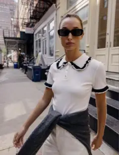 ZARA ザラ ビジューポロセーター Lサイズ ホワイト