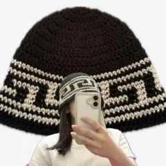 ビーニー クラッシャーハット クロシェハット 波柄 ブラック 男女兼用 即購入⭕️