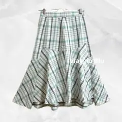 b613【ビアッジョブルー】爽やかミントチェックフレアスカートAラインフェミニン