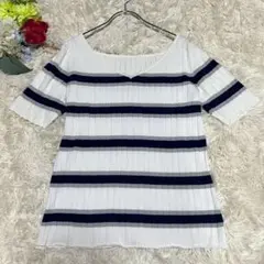 【ロペピクニック】半袖リブニット ボーダー 白 ネイビー Vネック(38 M)