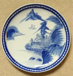 染付山水図絵皿　大皿丸皿　1尺　花唐草文　呉須絵付け　当時物