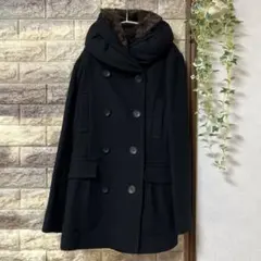 黒 ウール ダブルブレスト コート ファー付き