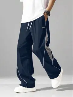 ネイビー ストレートパンツ サイドグレー