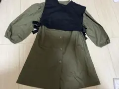 オリーブ・ブラック 七分袖ワンピース