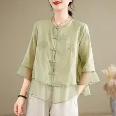 【美品】フレア袖 切り替え ゆったり 刺繍 ラウンドネック ブラウス