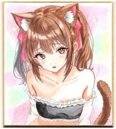 手描きイラスト 319】オリジナルアナログ原画 中色紙 猫「寝起きの黒