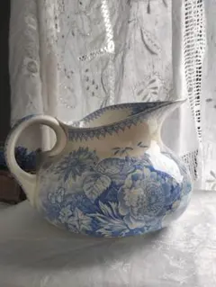 アンティーク フランス 陶器 ピッチャー 花柄 ブルー サルグミンヌ