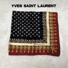 YVES SAINT LAURENT スカーフ ネイビー/レッド シルク100%
