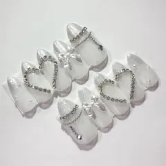 現品♡ネイルチップ 白 シルバー ハート リボン 韓国 ワンホン 清楚 ガーリー