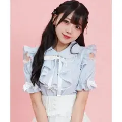 Secret Honey 肩開きラッフル裾フリルブラウス ブルー Ｍサイズのサムネイル