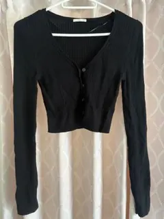 GU クロップド丈 リブカーディガン 黒 薄手 タイト ショート丈 長袖