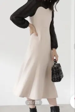 長袖ワンピース ベージュ×黒