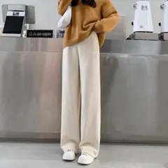 シェニールワイドパンツ、女性、ハイウエスト、垂感、春秋、ストレート、ゆったり