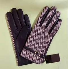 【タグ付美品】 レディース革手袋　ヘリンボーン ツィード黒×ベージュ　羊革