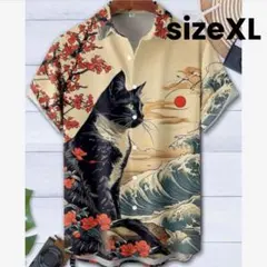 ※未使用品 黒猫 ねこ デザイン アロハシャツ （和柄 リゾート 海 波 花柄）