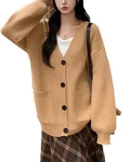 カーディガン ニット レディース アウター トップス Vネック (ブラウン)
