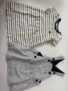 ストライプ半袖ワンピースとグレーオーバーオールセット