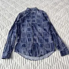 【a3929】ZARAMAN 長袖シャツ ペイズリー柄 ブルー スリムフィット