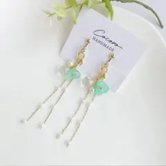 チェコガラスフラワーとパールチェーンのイヤリング　ピアス＊ハンドメイド