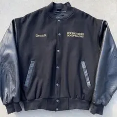 古着 スタジャン ブラック ウール 袖レザー 金刺繍 L