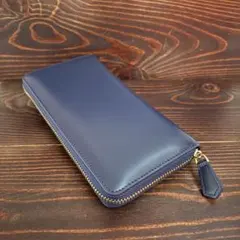 F 2 本革　栃木レザー使用　長財布　ラウンドファスナー　シンプル　ヌメ革　紺