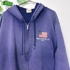 ヘインズ 星条旗刺繍 パーカー フード 長袖 L 青紫 短丈 アメカジ 古着