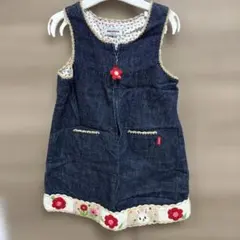 MIKI HOUSE デニム ジャンバースカート 花柄 うさぎ刺繍